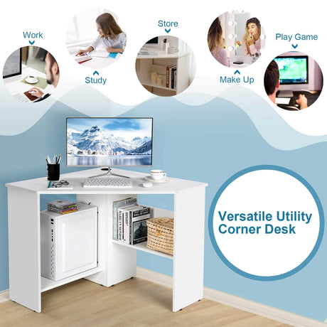 White Corner Computer Desk with Management Hole for Home Office