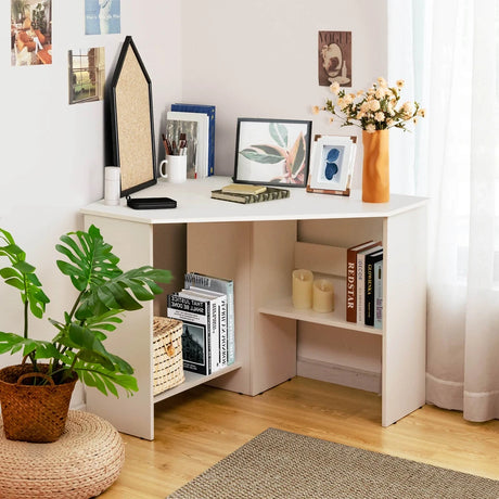 White Corner Computer Desk with Management Hole for Home Office