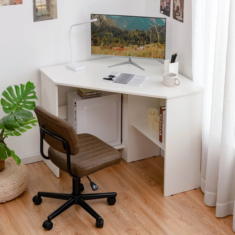 White Corner Computer Desk with Management Hole for Home Office