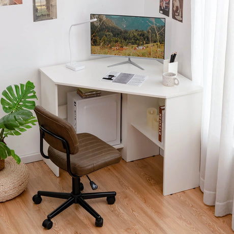 White Corner Computer Desk with Management Hole for Home Office