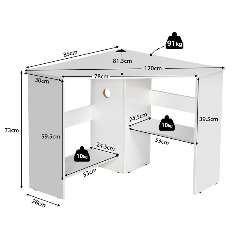 White Corner Computer Desk with Management Hole for Home Office