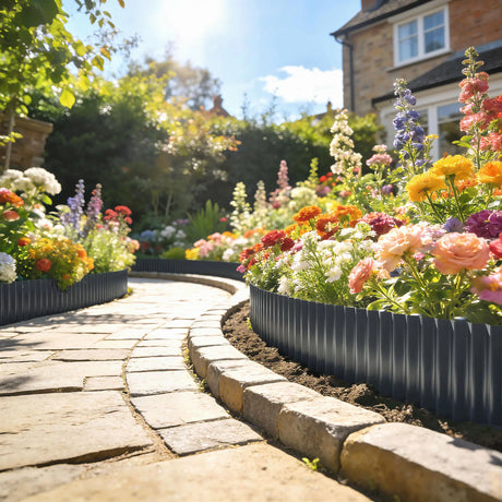 Outsunny Metal Garden Edging Border, 8 in x 21.3 ft Corrugated Heavy Duty Galvanised Steel Lawn Edging, Dark Grey