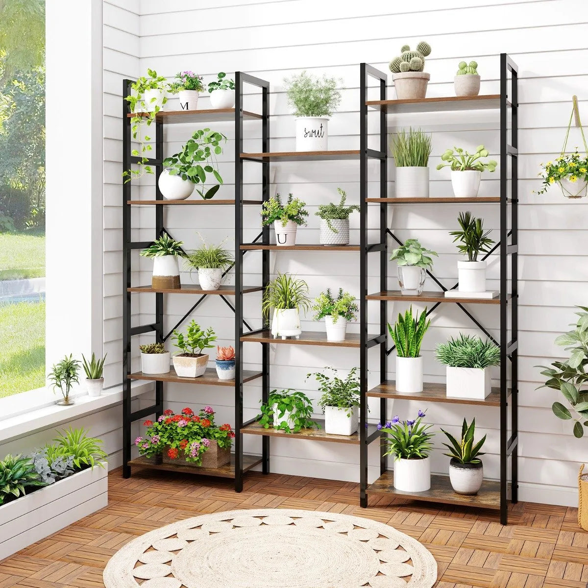 5-tier Triple Wide Heavy-duty Metal Frame Industrial Bookshelf-Rustic Brown