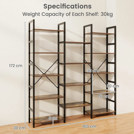 5-tier Triple Wide Heavy-duty Metal Frame Industrial Bookshelf-Rustic Brown