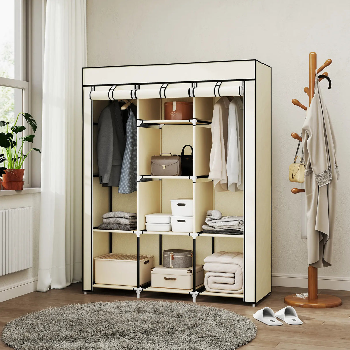 HOMCOM Fabric Wardrobe, with Rails and Shelves - Cream White