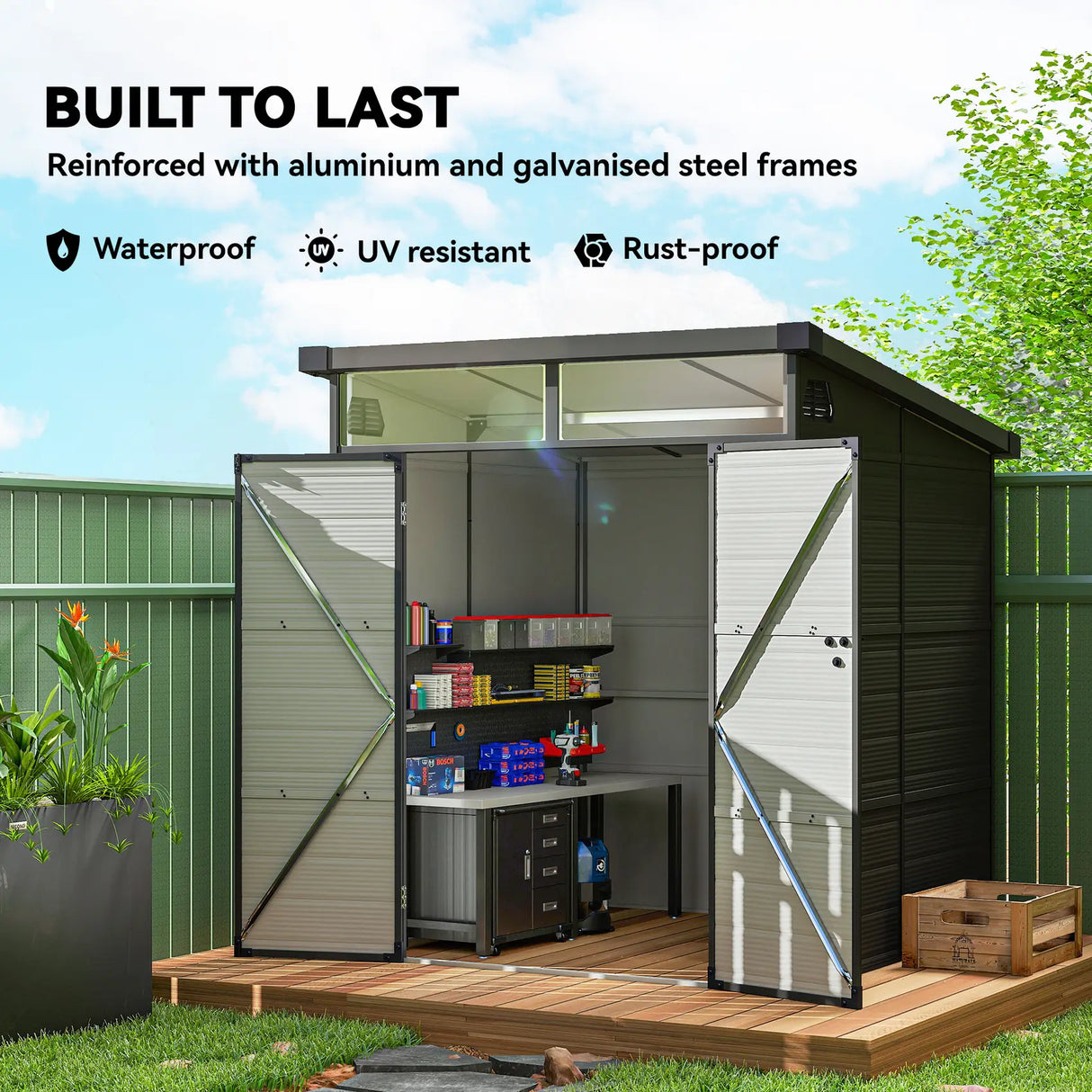 Outsunny 6 x 6ft Outdoor Storage Shed, Plastic Garden Shed with Windows and Air Vents, Outdoor Resin Tool Shed with Latch Doors for Garden, Deck, Dark Grey