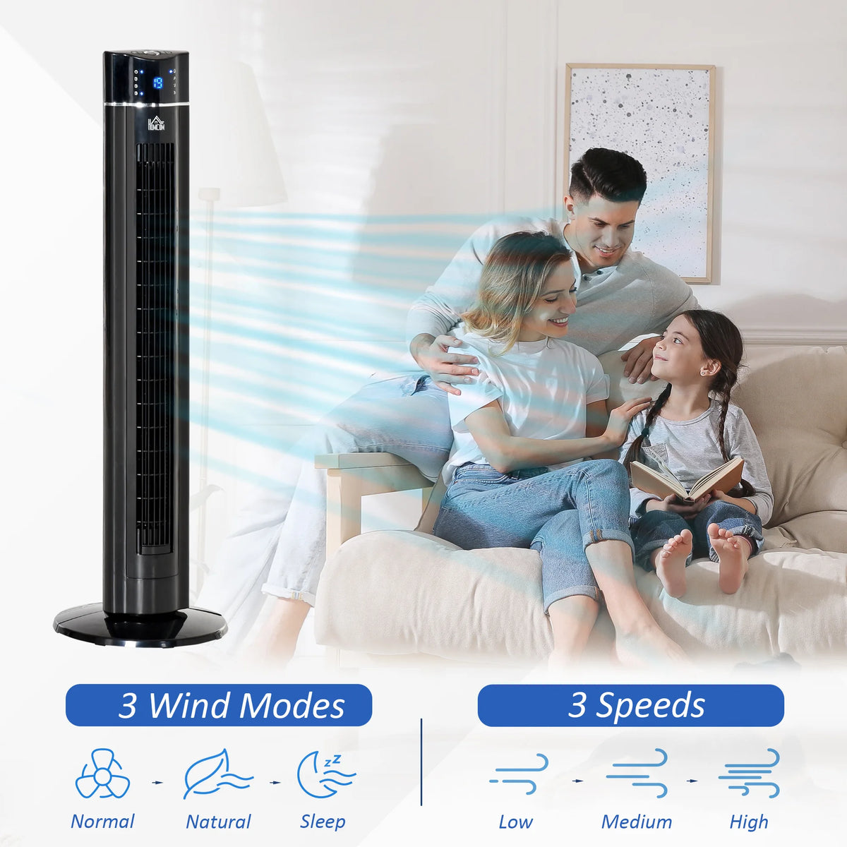 HOMCOM Anion Tower Fan for Bedroom, 42 inch, 6 m/s Powerful Velocity, Standing Floor Fan with 60 Oscillating, 3 Modes, 3 Speeds, 8 Hour Timer, LED Display, Remote Control, Black