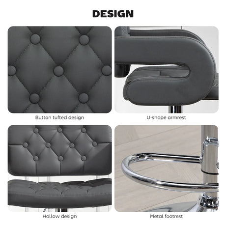 HOMCOM PU Leather Upholstered Swivel Bar Stool, Height Adjustable with Back, Armrest, Footrest, Grey