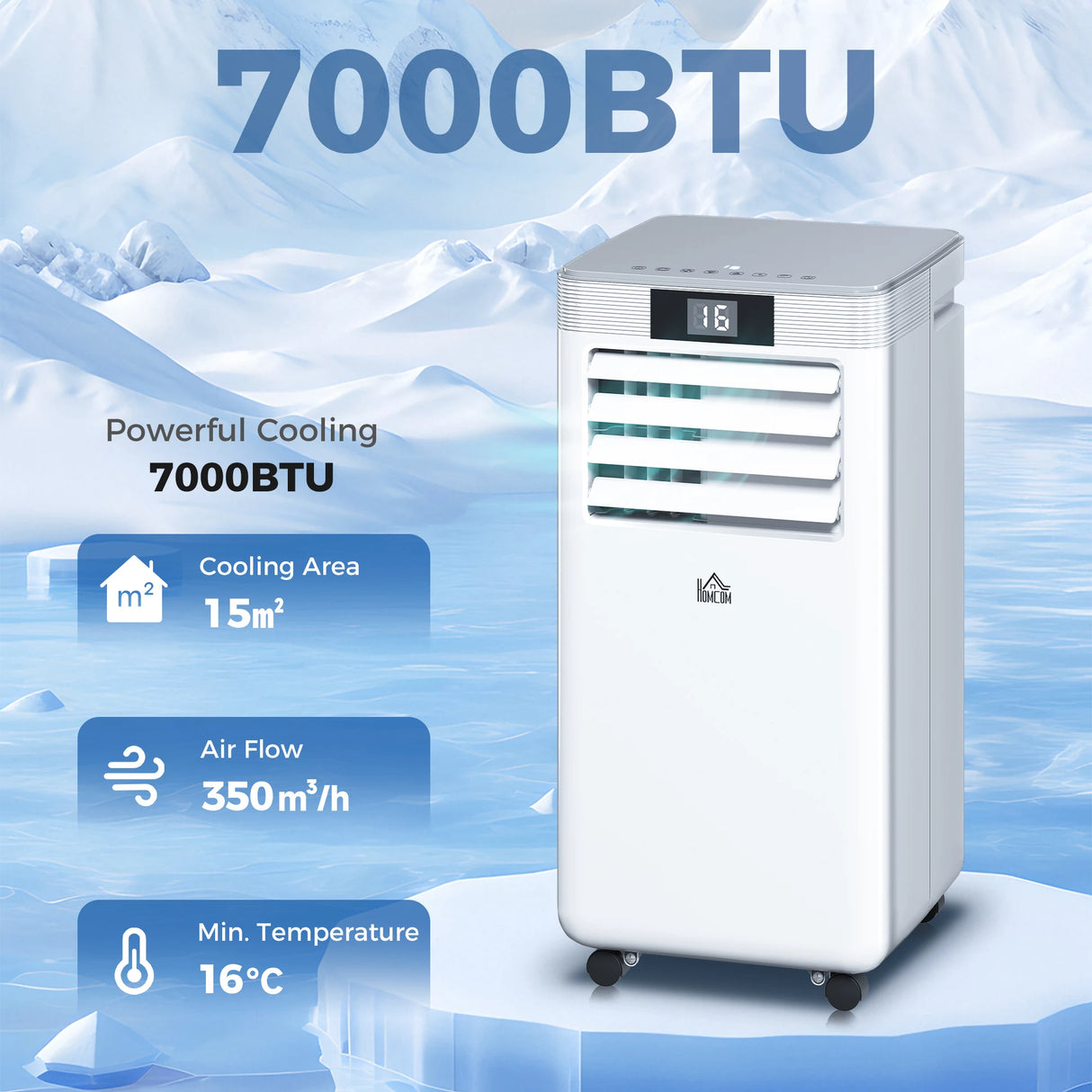 HOMCOM 7000 BTU Air Conditioning Unit, 3-in-1 Portable Air Conditioner, Dehumidifier, Cooling Fan with Remote Control, LED Display, 2 Speeds, 24H Timer, Window Venting Kit, 15m2