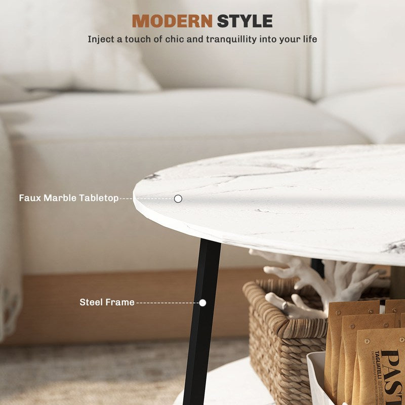 HOMCOM Two-Tier Marble-Effect Coffee Table - White/Black