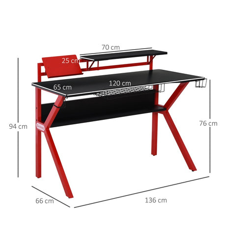 HOMCOM Gaming Desk, Computer Table with Monitor Stand, Cup Holder, Headphone Hook, Wire Basket and Metal Frame, 120cm, Red