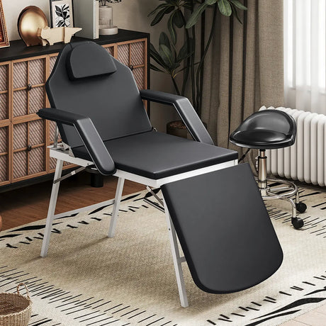 HOMCOM Portable Massage Table, 3 Section Adjustable Beauty Bed, Foldable Massage Bed with Face Hole, Recliner Chair with Removable Headrest and Armrests for Spa, Lash, Tattoo, Black
