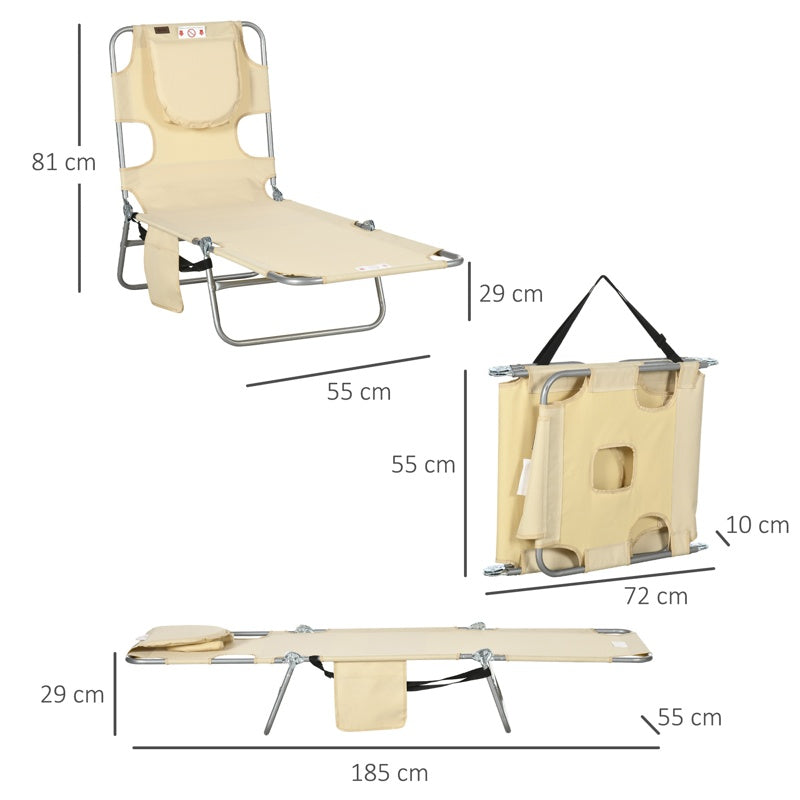 Outsunny Foldable Sun Lounger, Beach Chaise Lounge with Reading Hole, Arm Slots, 5-Position Adjustable Backrest, Side Pocket, Pillow for Patio, Garden, Beach, Pool, Beige