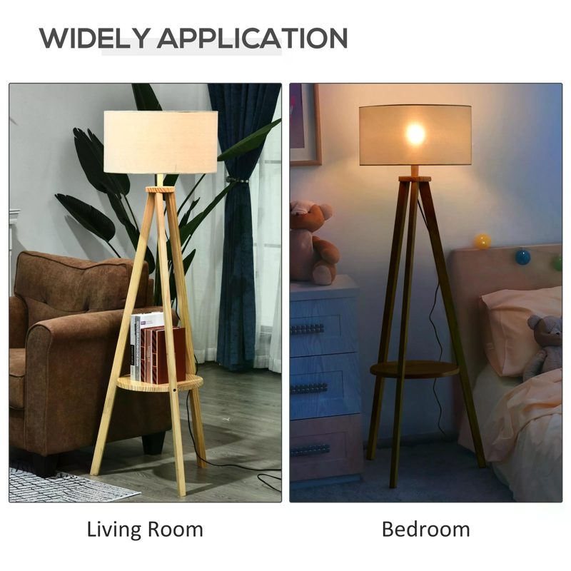 HOMCOM Free Standing Tripod Floor Lamp Bedside Light Reading Light with Storage Shelf Linen Shade for Living Room Bedroom, 154cm, Cream