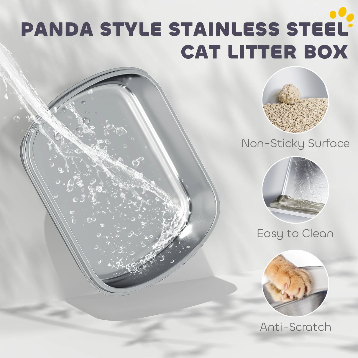 PawHut Panda Style XL Stainless Steel Cat Litter Box with Lid, Enclosed Kitty Litter Box with Scoop, 60 x 40 x 45 cm