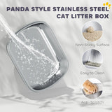 PawHut Panda Style XL Stainless Steel Cat Litter Box with Lid, Enclosed Kitty Litter Box with Scoop, 60 x 40 x 45 cm