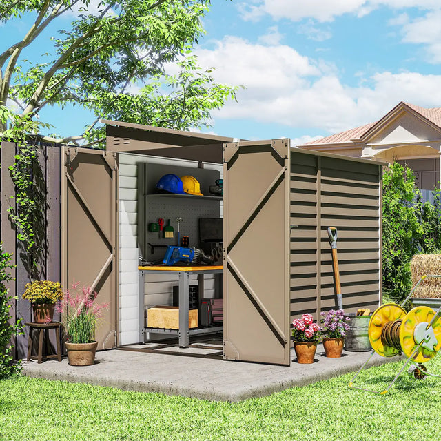 Outsunny 5 x 9ft Galvanised Metal Garden Shed with Foundation Kit, Outdoor Lean-to Shed, Tool Storage House with Lockable Doors, Gloves and 2 Air Vents for Patio, Garden, Brown