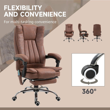 Vinsetto Office Chair with Massage and Heat, Microfibre Reclining Computer Desk Chair with Footrest and Adjustable Height, Swivel Wheels for Home Office, Brown