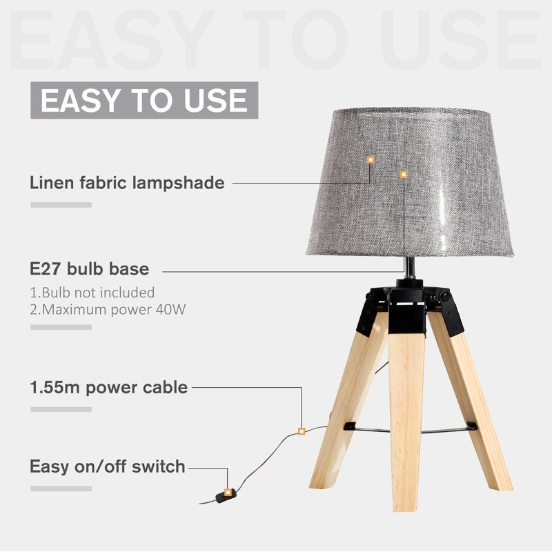 HOMCOM Wooden Tripod Table Lamp for Side, Desk or End Table with E27 Bulb Base14Grey Shade14