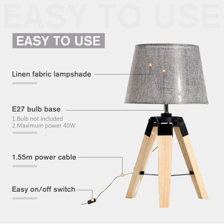 HOMCOM Wooden Tripod Table Lamp for Side, Desk or End Table with E27 Bulb Base14Grey Shade14