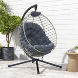 Outsunny PE Rattan Swing Chair, Outdoor Hanging Chair with Metal Stand, Thick Padded Cushion, Foldable Basket and Cup Holder, for Indoor and Outdoor, Grey