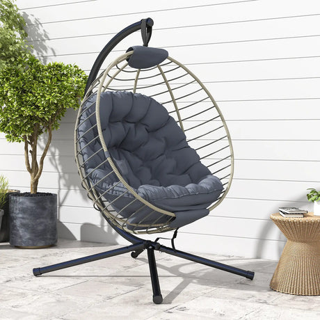 Outsunny PE Rattan Swing Chair, Outdoor Hanging Chair with Metal Stand, Thick Padded Cushion, Foldable Basket and Cup Holder, for Indoor and Outdoor, Grey