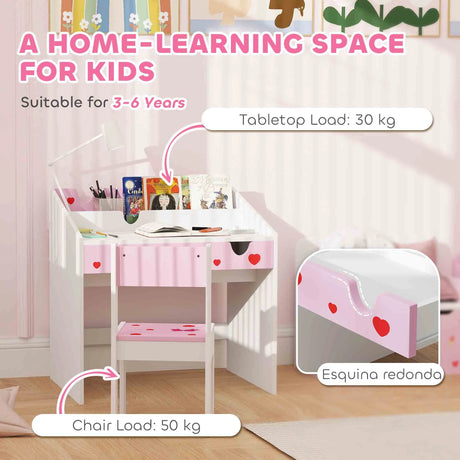 AIYAPLAY Children Study Table and Chair, Kids Desk and Chair Set with Storage, Pull-Out Drawer, for Ages 3-6 Years, Pink
