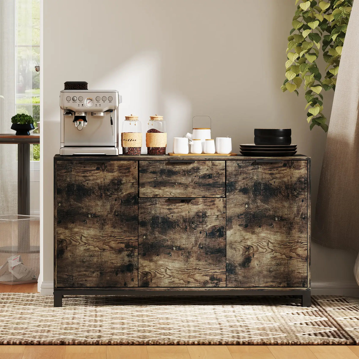 HOMCOM Sideboard, Industrial Storage Cabinet with Doors, Drawer, Cupboard and Adjustable Shelves for Living Room, Dining Room, Hallway, Rustic Brown