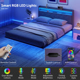 HOMCOM Floating Bed Frame, Upholstered 5ft King Size Bed, Platform Bed with RGB LED Lights and Charging Station, Grey