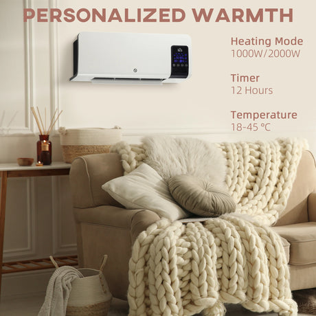 HOMCOM 2000W Wall-Mounted Heater, 18-45C Temperature, White