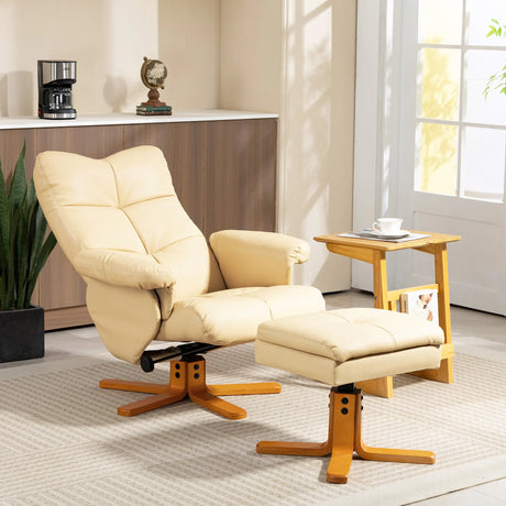 HOMCOM PU Leather Swivel Recliner Chair with Footstool, Wooden Base and Storage for Living Room, Beige