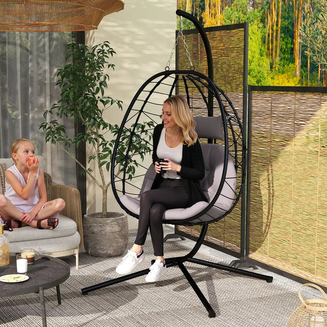 Outsunny Hanging Egg Chair Outdoor Indoor Garden Swing Chair with Folding Basket, Thickened Cushion, Garden Hanging Chair with Stand, Headrest for Patio, Balcony, Grey
