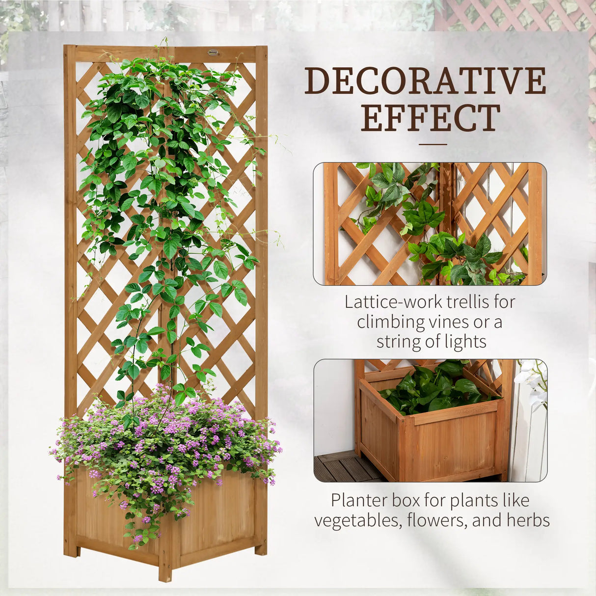 Outsunny Wooden Planter with Corner Trellis, Freestanding Raised Garden Bed with Drainage Bottom, Outdoor Planter Box, Brown