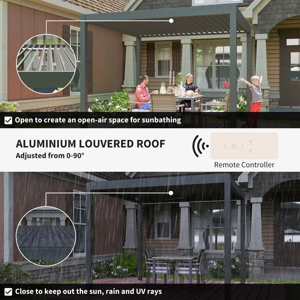 Outsunny 3 x 3(m) Electric Louvered Pergola with LED Lights, Aluminium Pergola Hardtop Gazebo with Remote, Adjustable Roof and Drainage System, Water and UV Proof