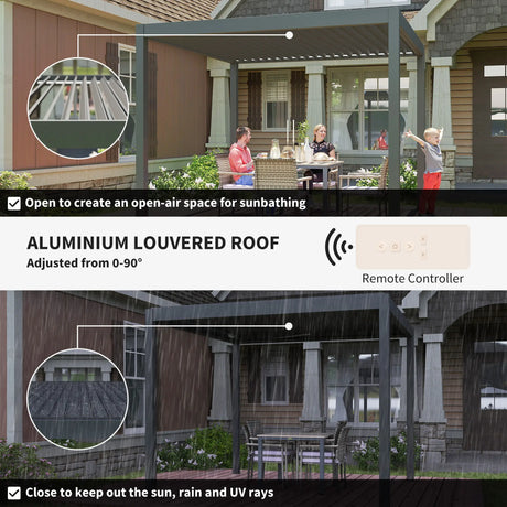 Outsunny 3 x 3(m) Electric Louvered Pergola with LED Lights, Aluminium Pergola Hardtop Gazebo with Remote, Adjustable Roof and Drainage System, Water and UV Proof