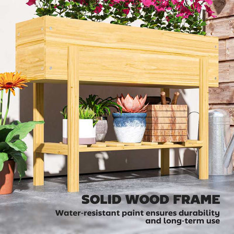 Outsunny Wooden Raised Garden Bed, Elevated Planter Box with Bed Liner, Drainage Holes and Storage Shelf, Raised Planter for Vegetables, Flowers, Herbs, 100 x 30 x 71 cm, Natural Wood Finish