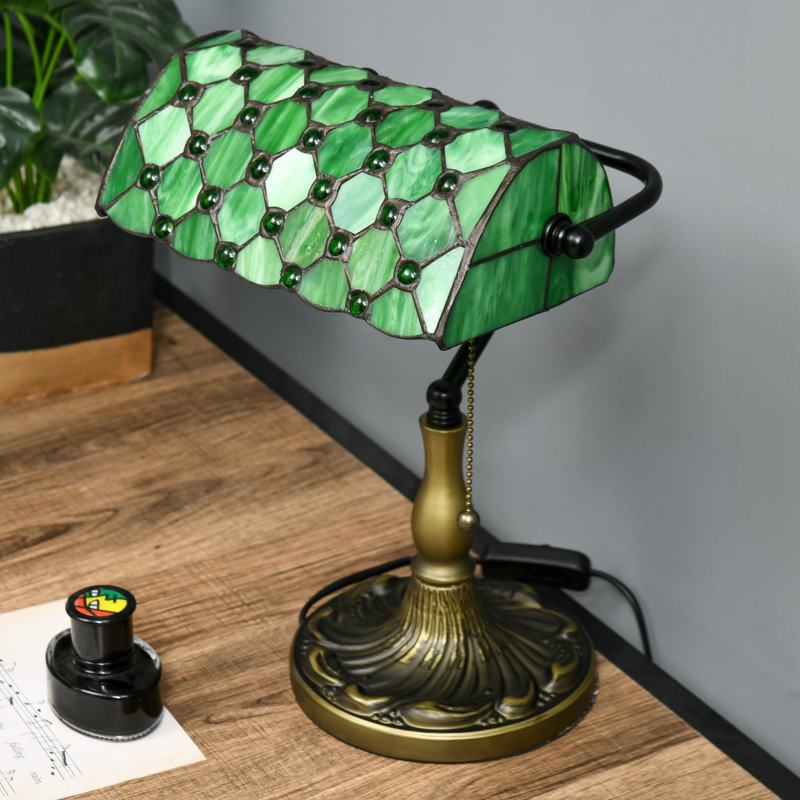 HOMCOM Stained Glass Table Lamp, Vintage Lamp with Green Handmade Shade, Metal Base, Antique Bedside Lamp for Bedroom Living Room Home Decoration