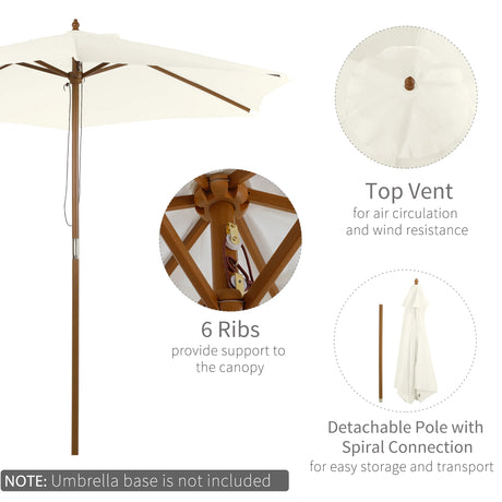 Outsunny 2.5m Patio Umbrella, Wood Garden Parasol, Sun Shade with 6 Ribs and Top Vent for Outdoor, White