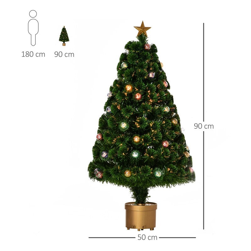 HOMCOM 3FT Prelit Artificial Christmas Tree Fiber Optic Holiday Home Xmas Indoor Decoration with Golden Stand Green