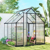 Outsunny Polycarbonate Greenhouse with Swing Door and Adjustable Window, Walk-in Greenhouse with Rain Gutter, 6 x 6.5ft, Black