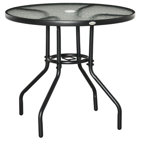 Outsunny Outdoor φ80cm Round Dining Table Tempered Glass Top Steel Frame Bistro Coffee End Side Table Garden w/ Parasol Hole