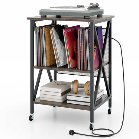 Turntable Record Player Stand with Builtin Charging Station and Divider-Grey