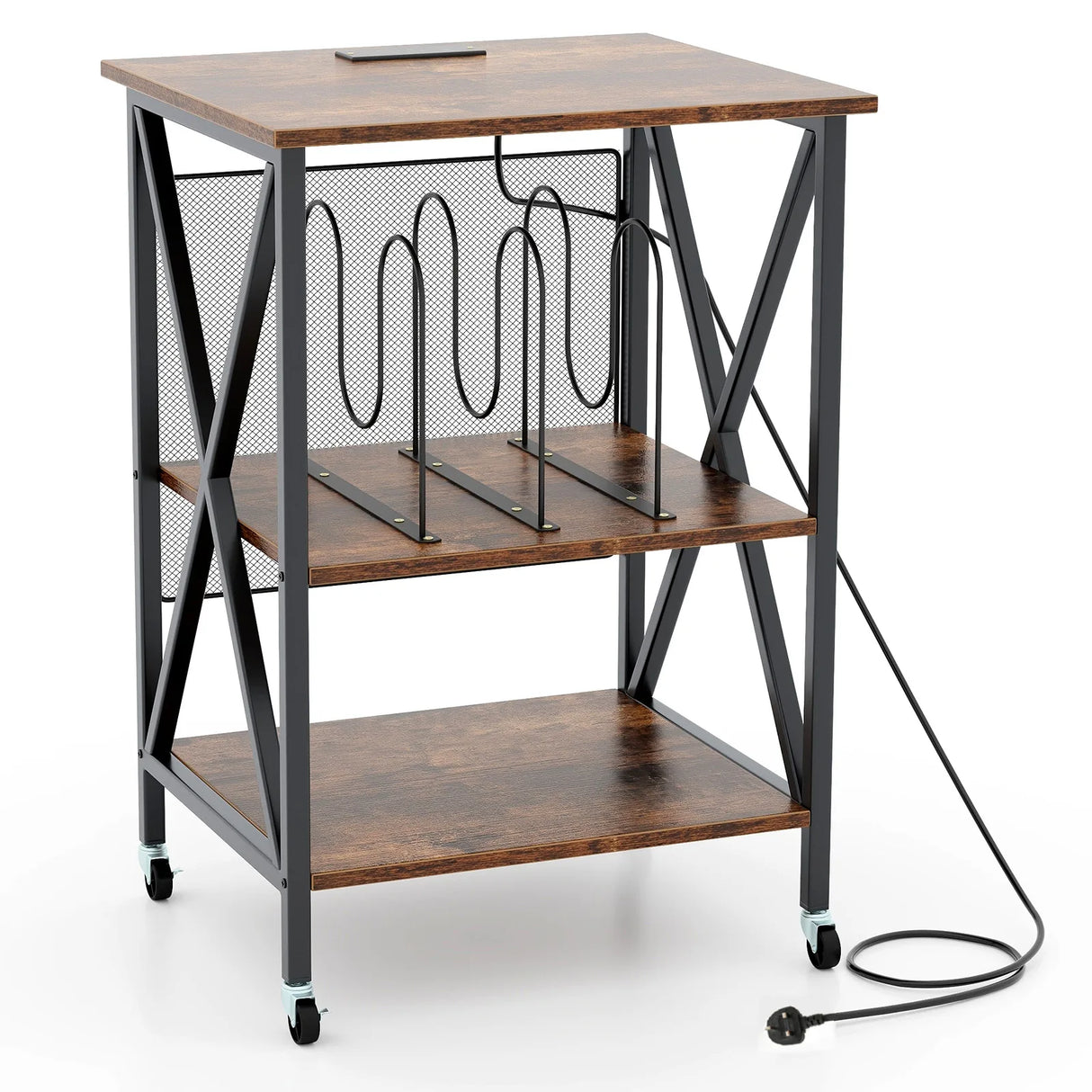 Turntable Record Player Stand with Builtin Charging Station and Divider-Rustic Brown