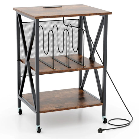 Turntable Record Player Stand with Builtin Charging Station and Divider-Rustic Brown