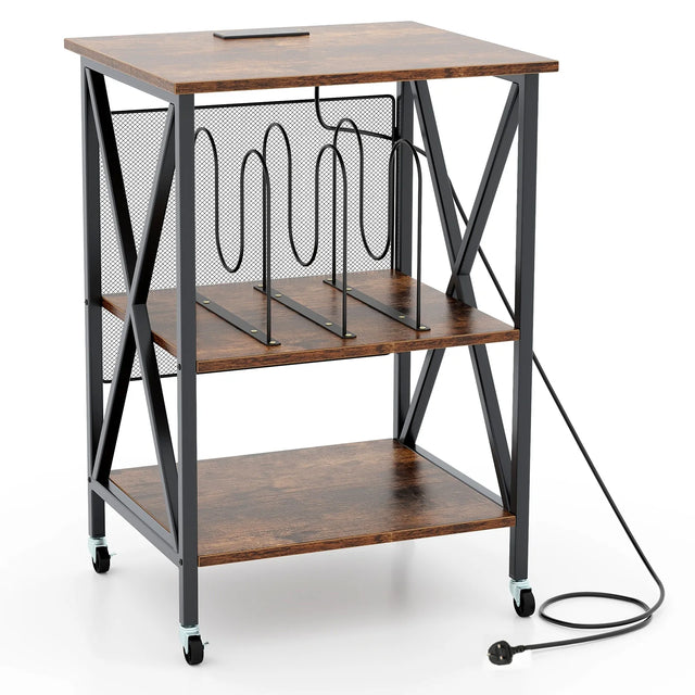 Turntable Record Player Stand with Builtin Charging Station and Divider-Rustic Brown