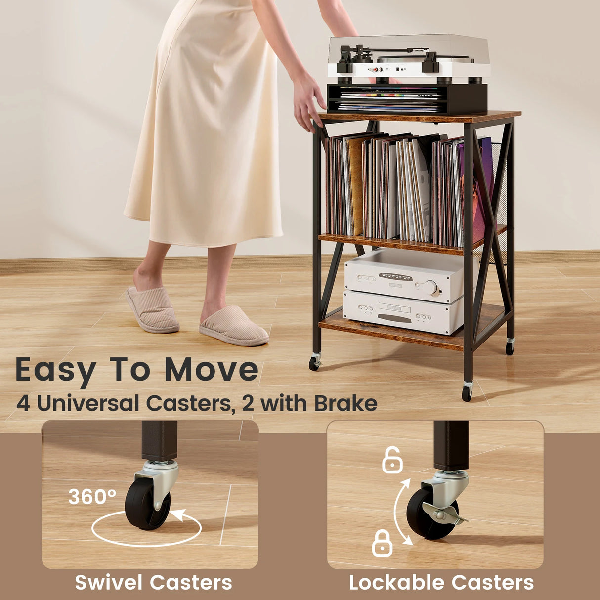 Turntable Record Player Stand with Builtin Charging Station and Divider-Rustic Brown