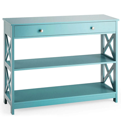 Console Table 3-Tier with Drawer and Storage Shelves-Turquoise