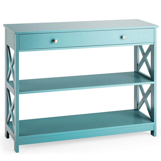 Console Table 3-Tier with Drawer and Storage Shelves-Turquoise