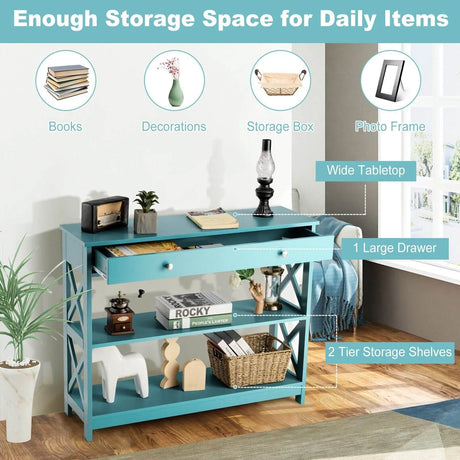 Console Table 3-Tier with Drawer and Storage Shelves-Turquoise