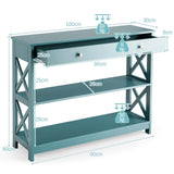 Console Table 3-Tier with Drawer and Storage Shelves-Turquoise
